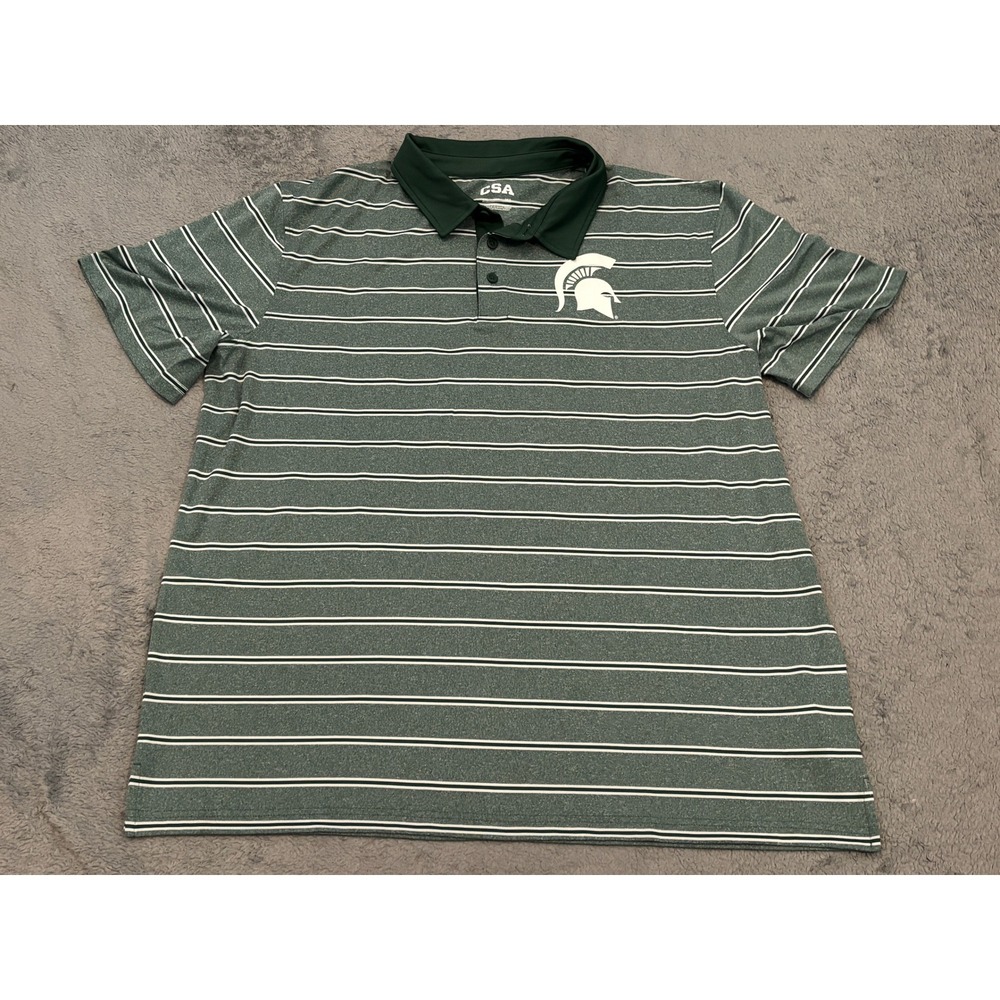 CSA Michigan State Spartans Mens 2XL Green Striped Performance Polo Shirt MSU